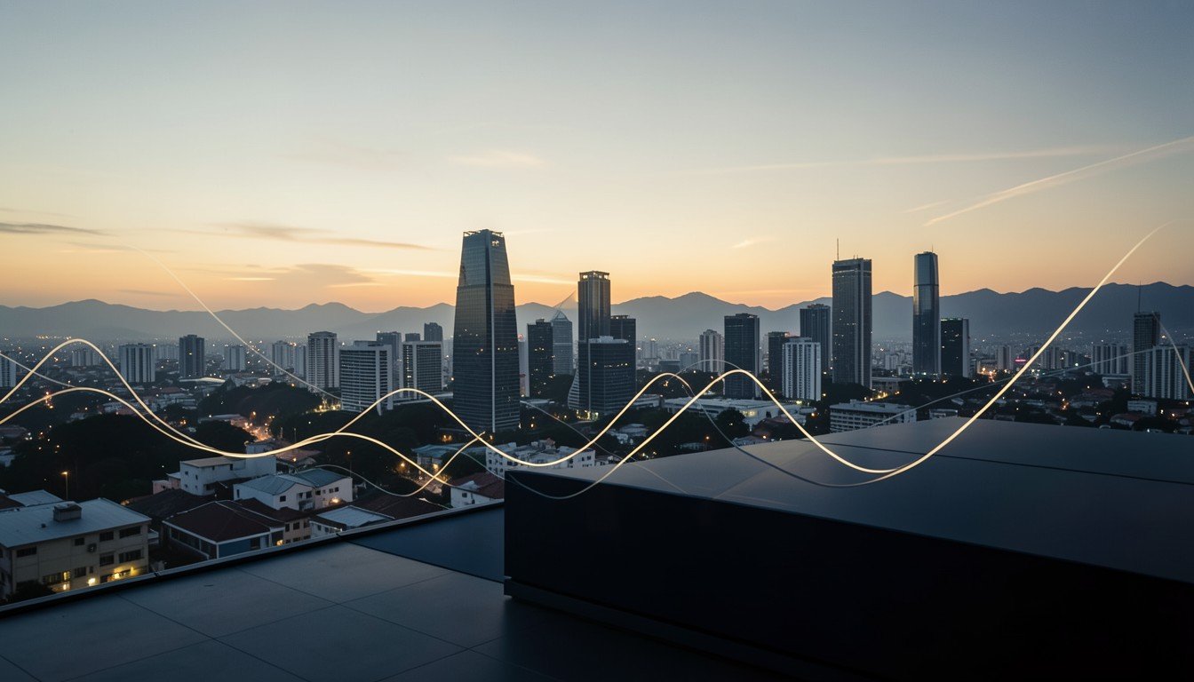 Horizonte de Bogotá al atardecer con líneas doradas que representan el crecimiento financiero