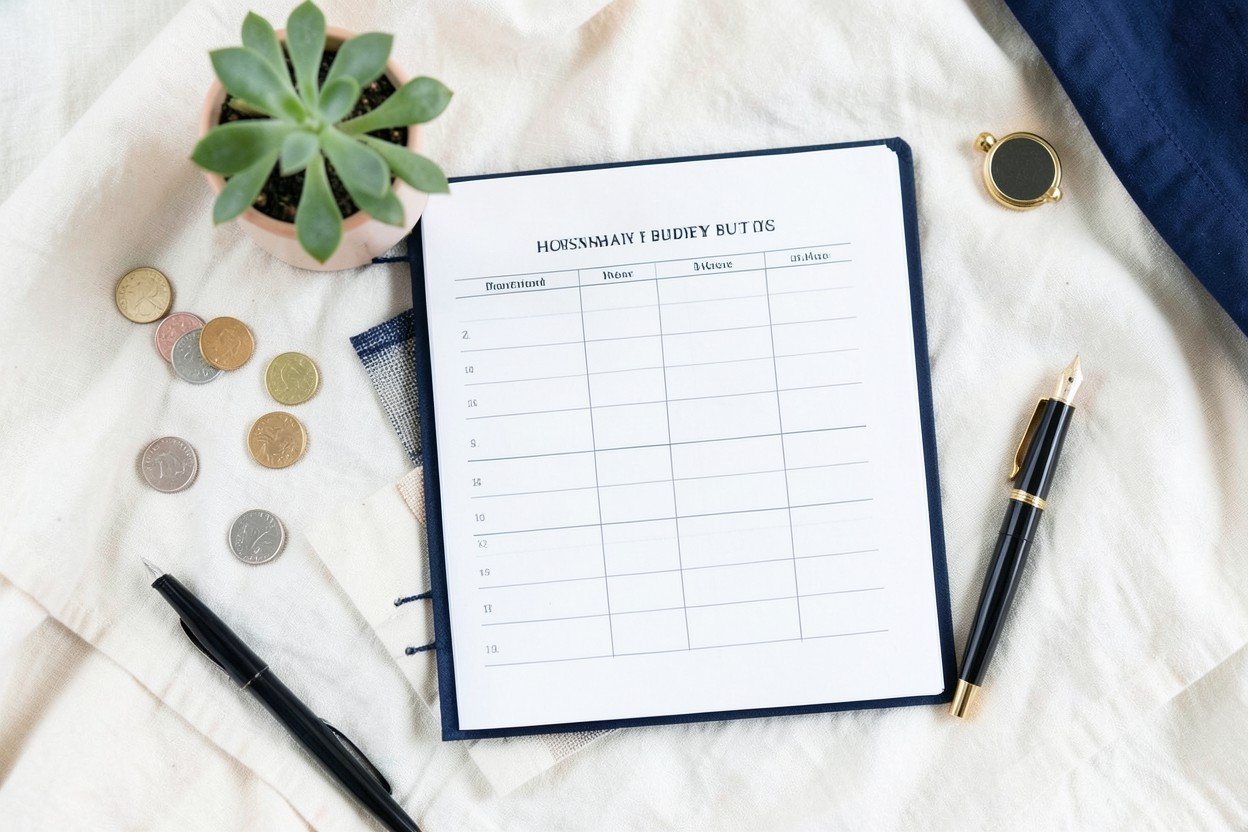 Cuaderno de presupuesto con monedas, una planta y una pluma
